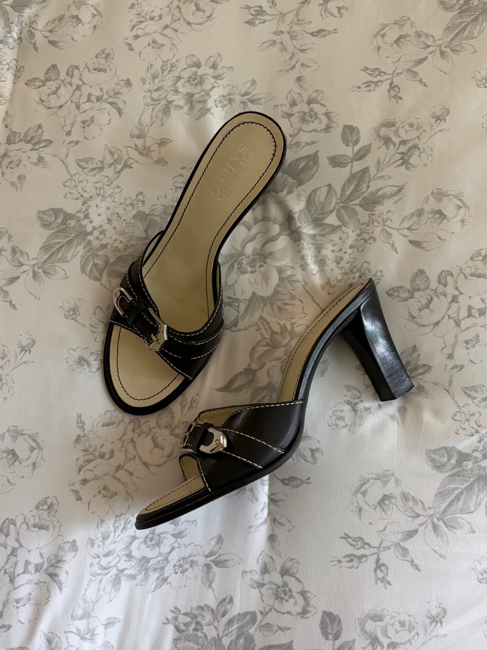 Vintage 90’s Franco Sarto Black Leather Buckle Mule Heels